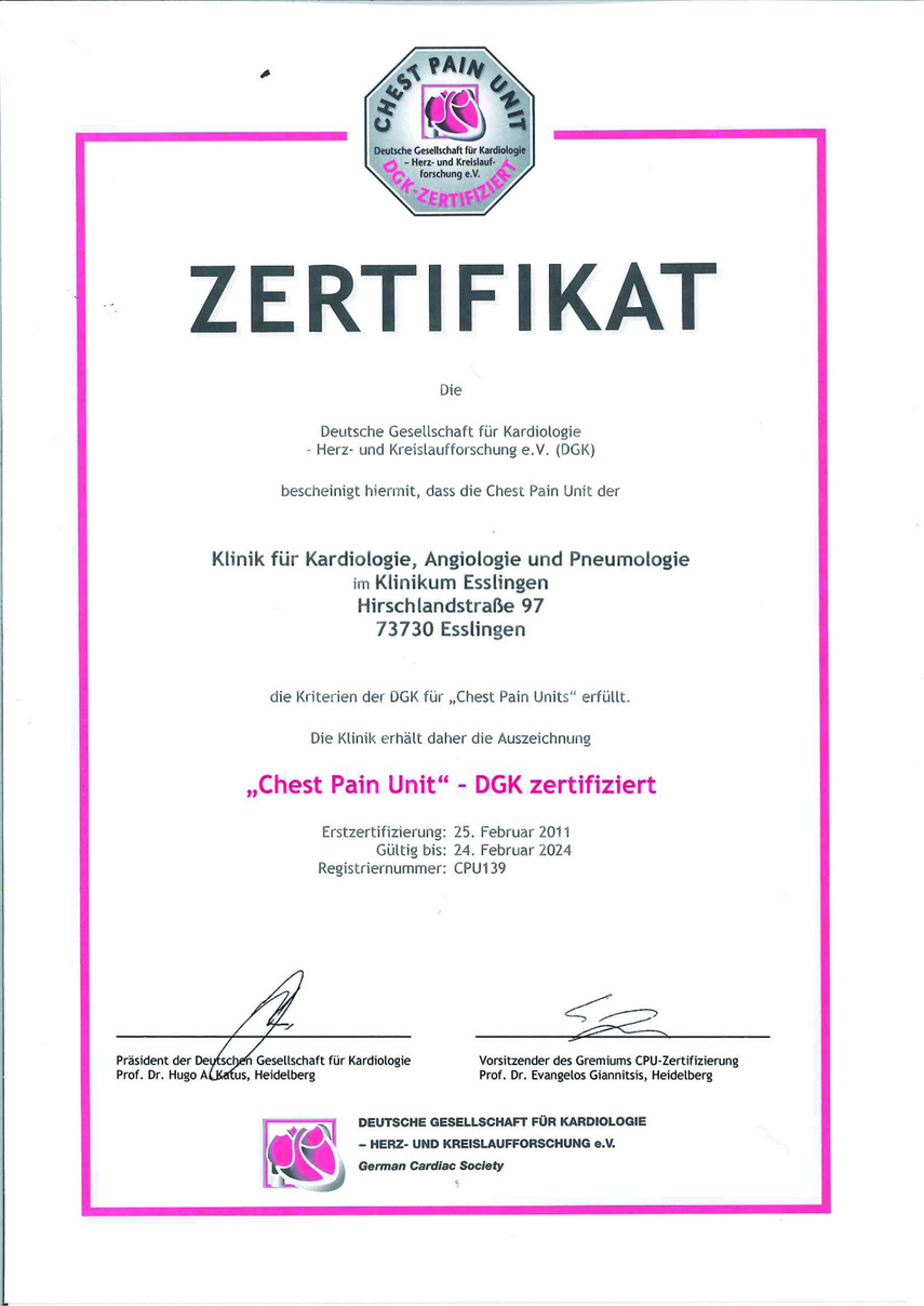 Zertifikat für die Chest Pain Unit der Klinik für Kardiologie, Angiologie und Pneumologie 