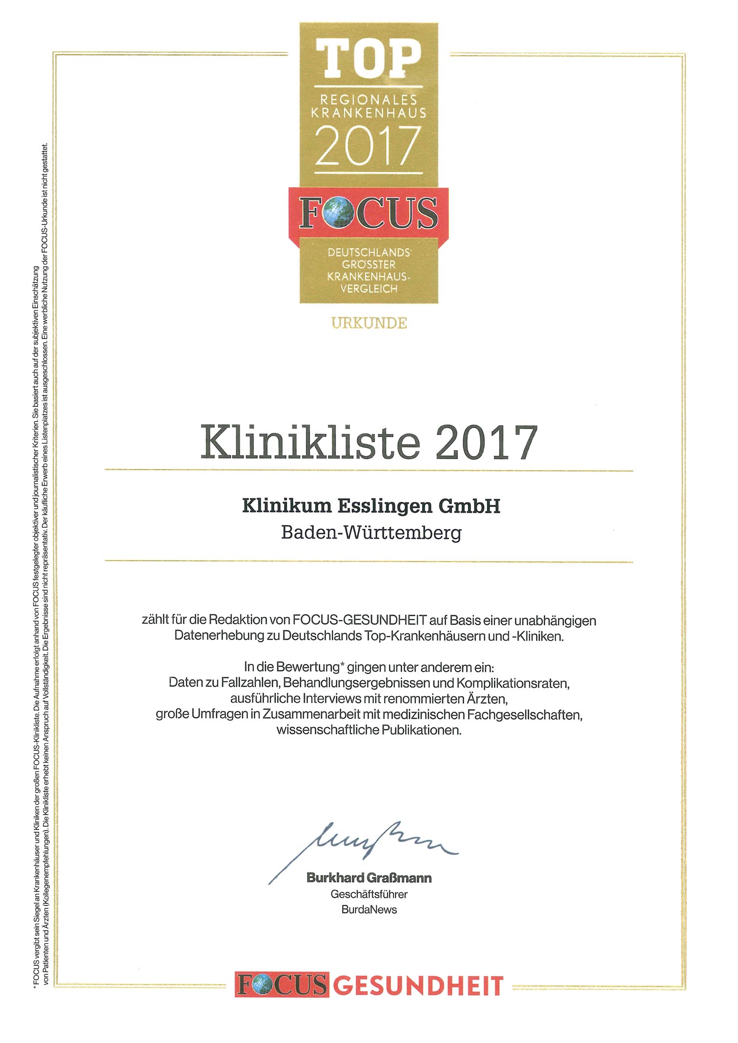 Fokus Urkunde Klinikliste 2017 Baden-Württemberg