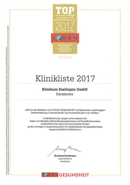 Focus Urkunde Klinikliste 2017 Darmkrebs