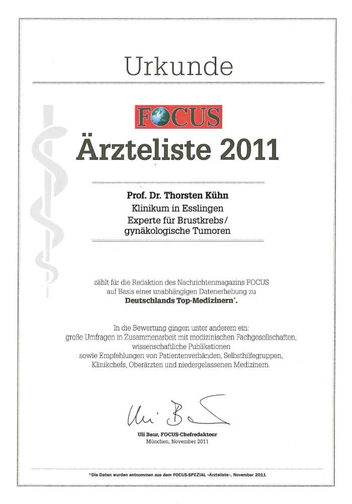 Focus Urkunde Ärzteliste 2011 Prof. Kühn