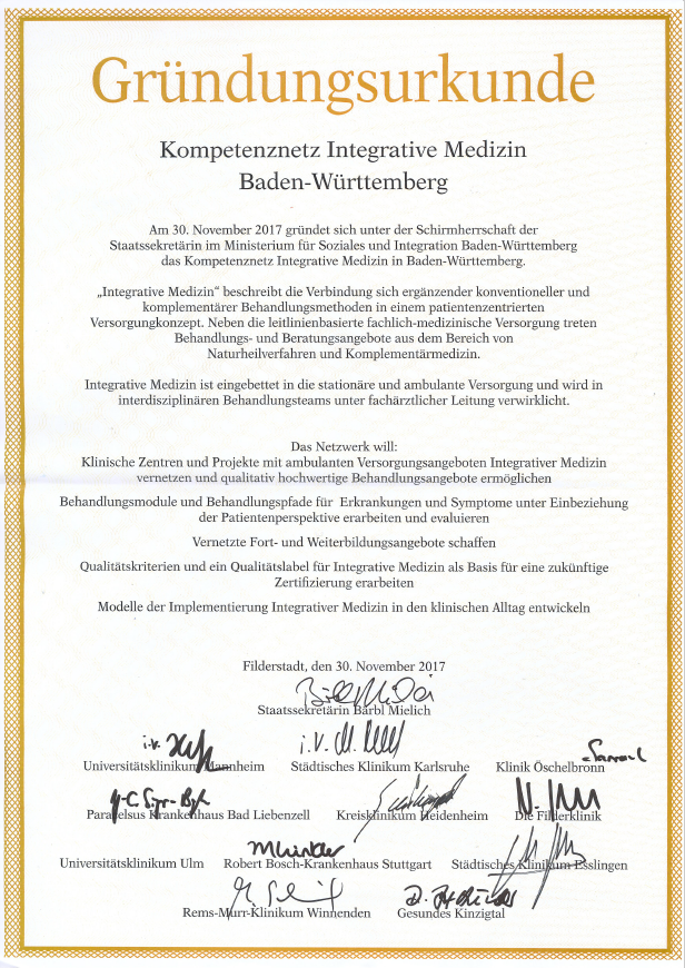 Gründungsurkunde Kompetenz Integrative Medizin Baden-Württemberg