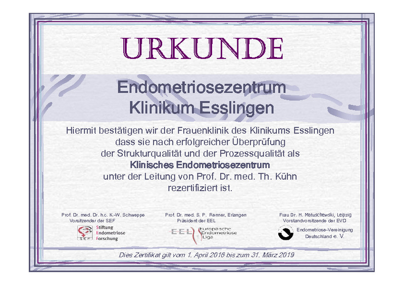 Urkunde Endometriosezentrum Klinikum Esslingen